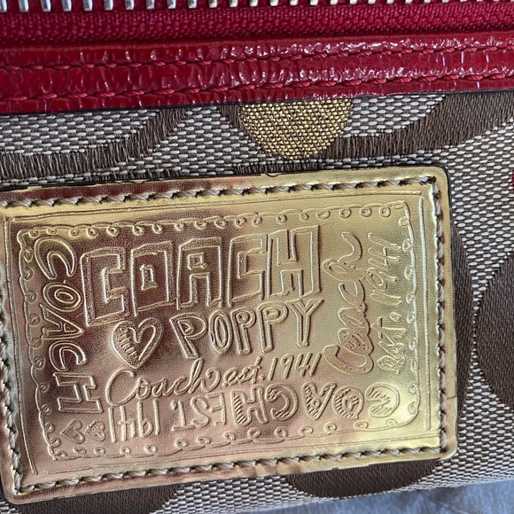 COACH Beige/Red/Gold Signature Canvas POPPY Laura Secret Admirer Tote Bag Purse - Picture 2 of 10